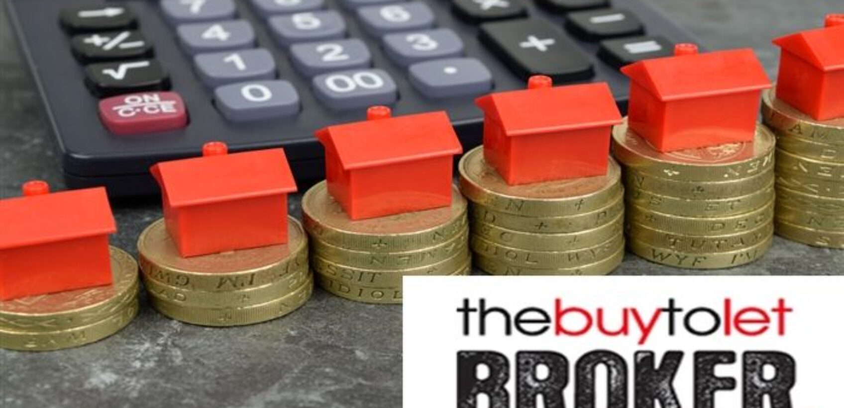 Buy To Let Broker, calculator and poun coins with monopoly houses on top