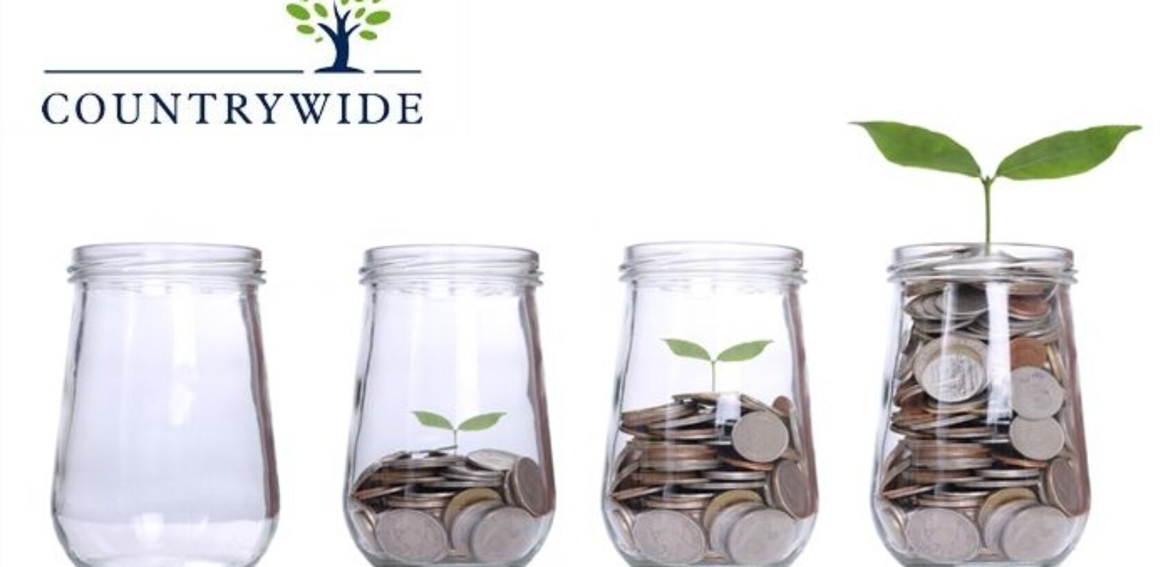Countrywide, jars with money and young plant growing in them